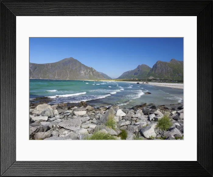 Framed Print : Dramatic coastal landscape and white sand beach, Skagsanden, Lofoten Islands, Norway Framed Print : Dramatic coastal landscape and white sand beach, Skagsanden, Lofoten Islands, Norway