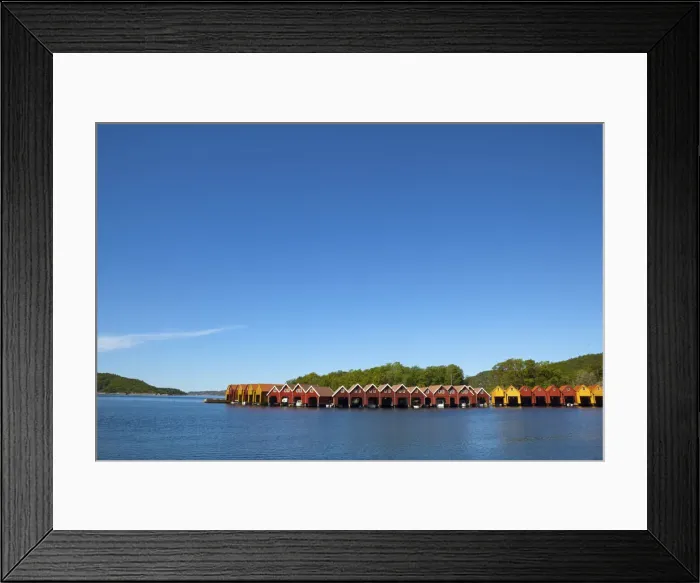 Framed Print : Colorful Boat Sheds in harbour, Sorlandet, Aust-Agder, Norway