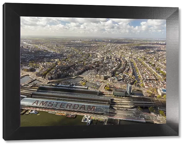 Aerial view of Amsterdam with Amsterdam Central Railway station, Netherlands