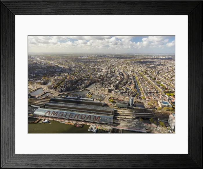 Framed Print : Aerial view of Amsterdam with Amsterdam Central Railway station, Netherlands Framed Print : Aerial view of Amsterdam with Amsterdam Central Railway station, Netherlands