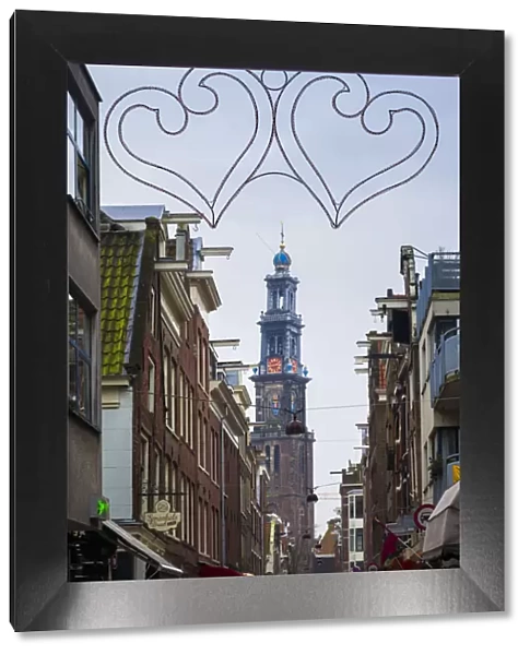 Netherlands, Amsterdam, Jordaan area, heart decoration and Westerkerk church