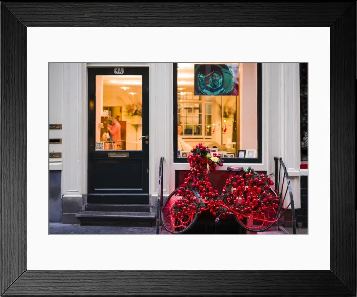 Framed Print : Netherlands, Amsterdam, bicycle with Christmas decorations