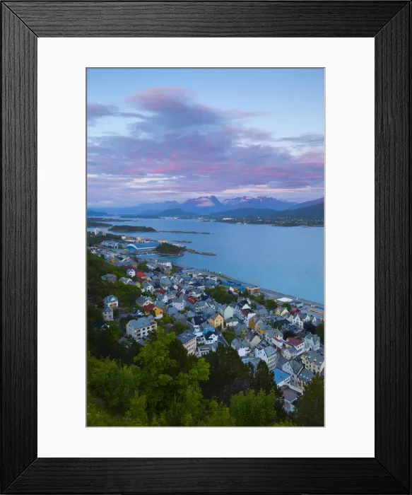 Framed Print : Elevated view over city surrounds at sunset, Alesund, Sunnmore, More og Romsdal, Norway Framed Print : Elevated view over city surrounds at sunset, Alesund, Sunnmore, More og Romsdal, Norway