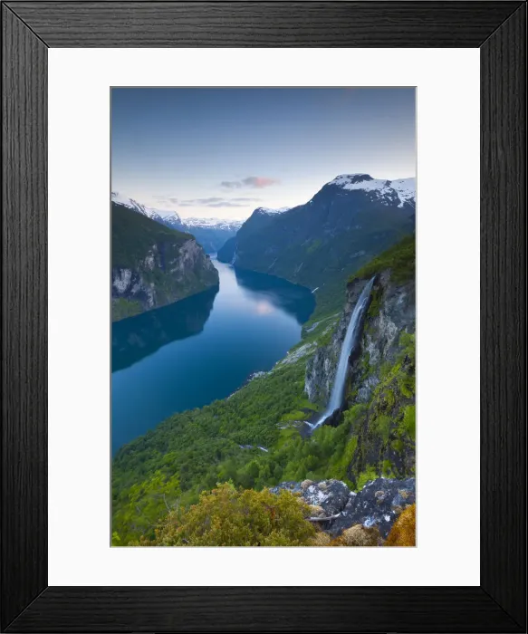 Framed Print : The Majestic Geiranger Fjord illuminated at dusk, Geiranger, More og Romsdal, Norway Framed Print : The Majestic Geiranger Fjord illuminated at dusk, Geiranger, More og Romsdal, Norway
