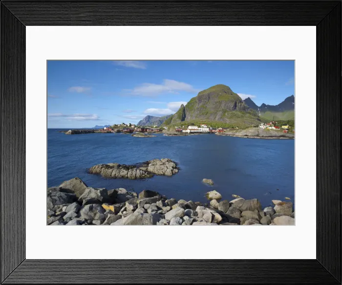 Framed Print : View towards the picturesque fishing village of A, Moskenesoy, Lofoten, Nordland, Norway Framed Print : View towards the picturesque fishing village of A, Moskenesoy, Lofoten, Nordland, Norway