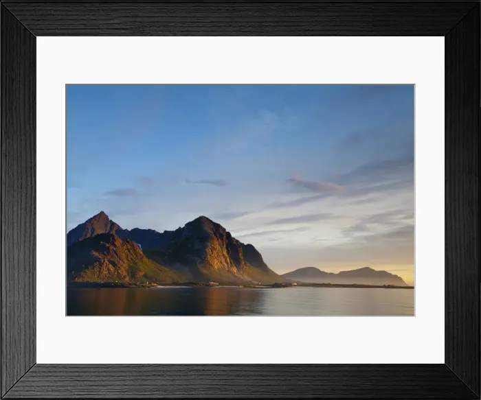 Framed Print : Dramatic Coastal landscape illuminated by Mightnight Sun, Flakstad, Flakstadsoya, Lofoten Framed Print : Dramatic Coastal landscape illuminated by Mightnight Sun, Flakstad, Flakstadsoya, Lofoten