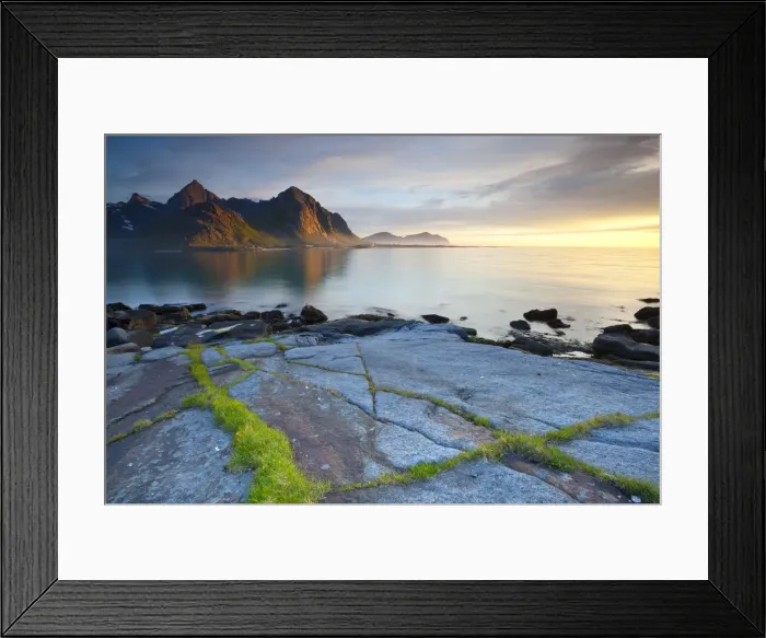 Framed Print : Dramatic Coastal landscape illuminated by Mightnight Sun, Flakstad, Flakstadsoya, Lofoten Framed Print : Dramatic Coastal landscape illuminated by Mightnight Sun, Flakstad, Flakstadsoya, Lofoten
