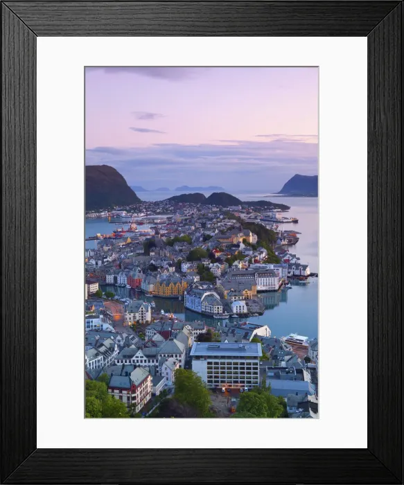Framed Print : Elevated view over Alesund at dusk, Sunnmore, More og Romsdal, Norway Framed Print : Elevated view over Alesund at dusk, Sunnmore, More og Romsdal, Norway