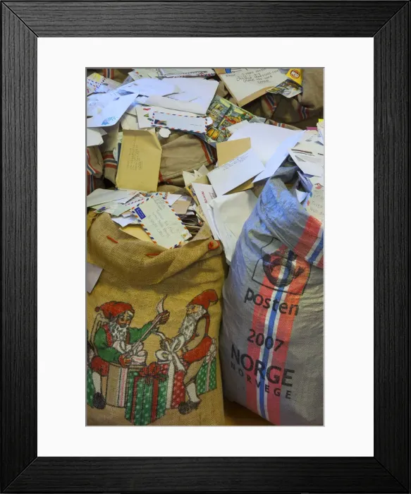 Framed Print : Sacks of Christmas present requests, Father Christmass House interior, Drobak Framed Print : Sacks of Christmas present requests, Father Christmass House interior, Drobak