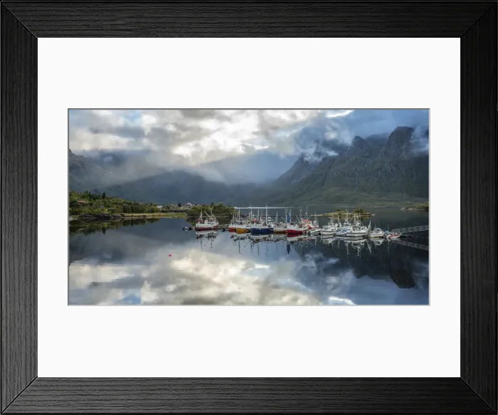Framed Print : Boats moored near the village of Reine, Lofoten Islands, Norway Framed Print : Boats moored near the village of Reine, Lofoten Islands, Norway