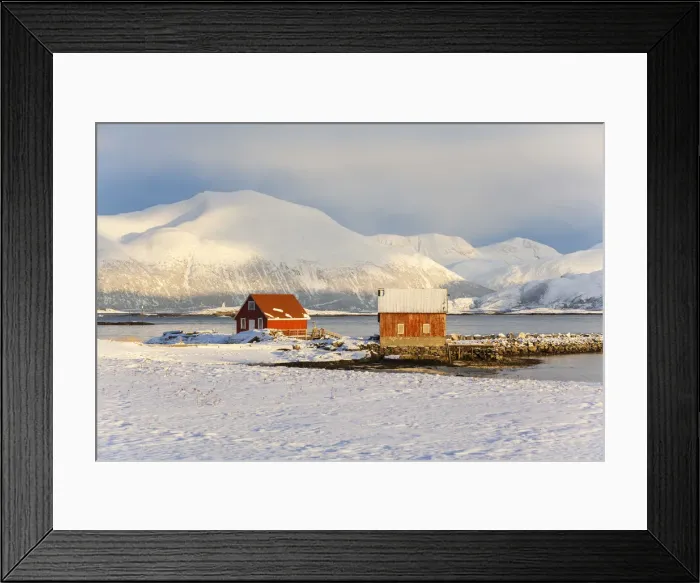 Framed Print : Colourful fishing huts, Sommarooy, Troms region, Norway Framed Print : Colourful fishing huts, Sommarooy, Troms region, Norway