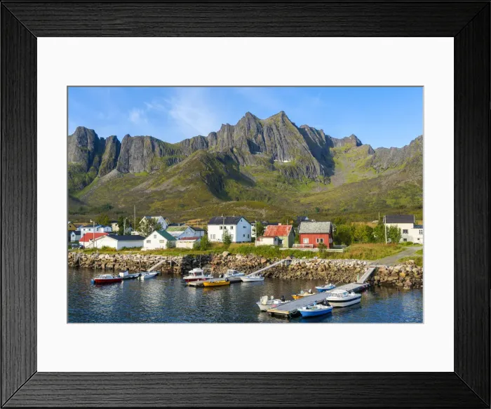 Framed Print : Houses and moored boats on Senja Island, Troms, Norway Framed Print : Houses and moored boats on Senja Island, Troms, Norway