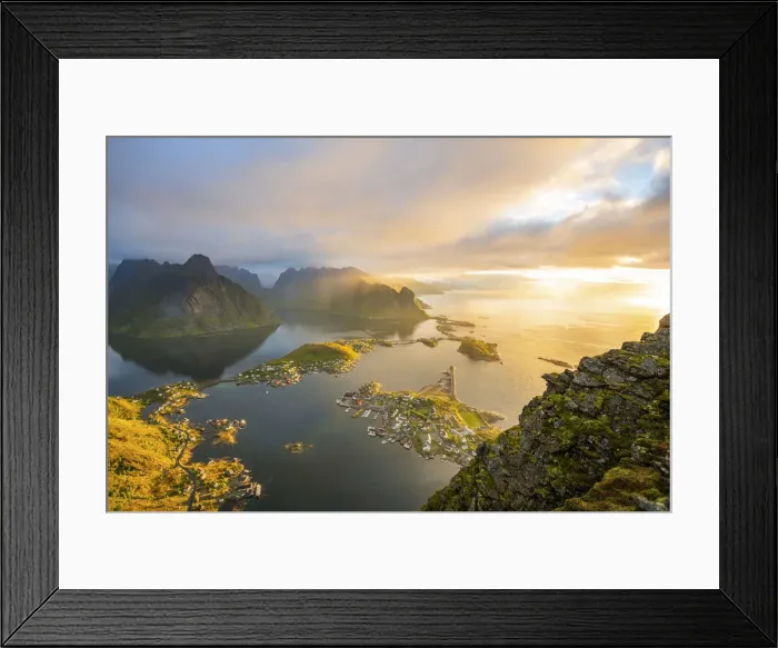 Framed Print : View from above of the village of Reine in the Lofoten Islands, Norway Framed Print : View from above of the village of Reine in the Lofoten Islands, Norway
