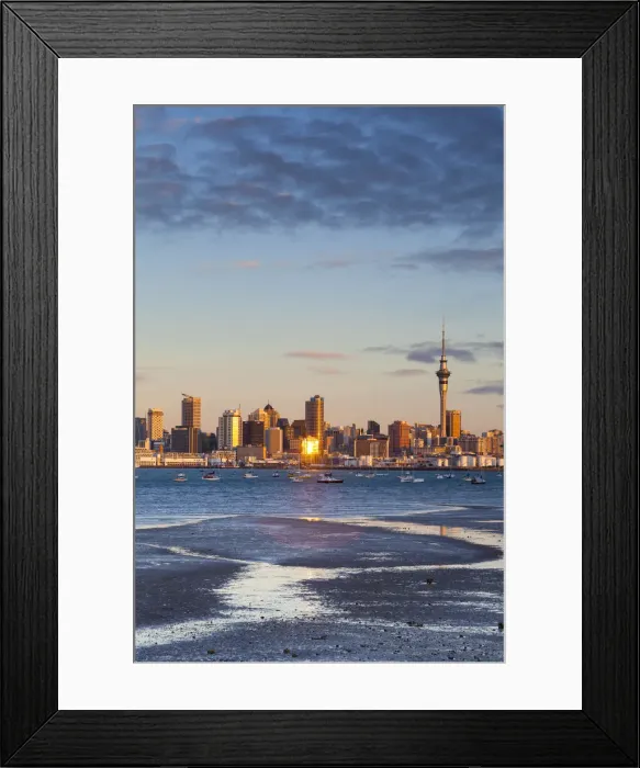Framed Print : City skyline & Waitemata Harbour illuminated at sunset, Auckland, North Island, New Framed Print : City skyline & Waitemata Harbour illuminated at sunset, Auckland, North Island, New