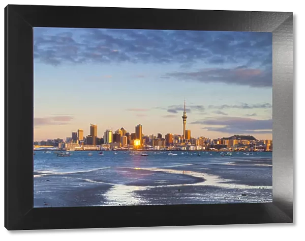 City skyline & Waitemata Harbour illuminated at sunset, Auckland, North Island, New