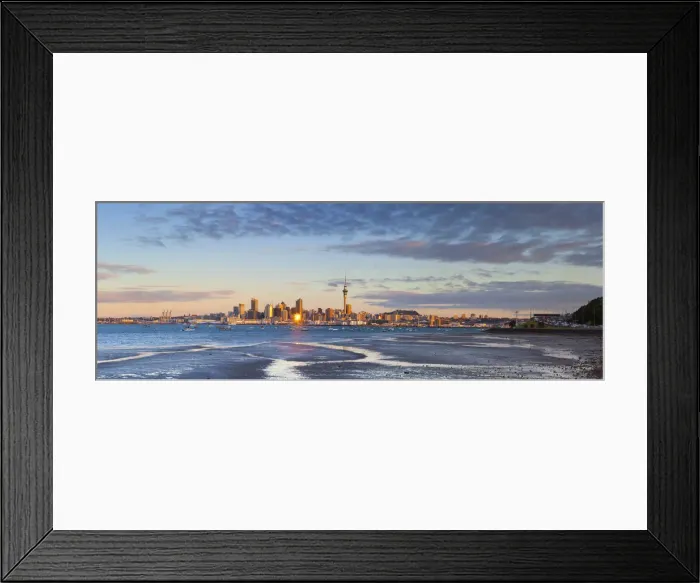 Framed Print : City skyline & Waitemata Harbour illuminated at sunset, Auckland, North Island, New Framed Print : City skyline & Waitemata Harbour illuminated at sunset, Auckland, North Island, New