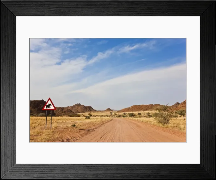 Framed Print : Elephant road sign & road, Damaraland, Namibia Framed Print : Elephant road sign & road, Damaraland, Namibia