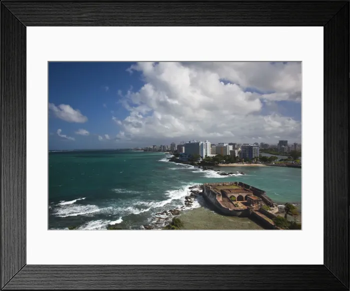 Framed Print : Puerto Rico, San Juan, elevated view of Condado hotels and Fuerte San Geronimo fort Framed Print : Puerto Rico, San Juan, elevated view of Condado hotels and Fuerte San Geronimo fort