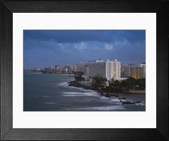 Framed Print : Puerto Rico, San Juan, elevated view of Condado hotels, evening Framed Print : Puerto Rico, San Juan, elevated view of Condado hotels, evening