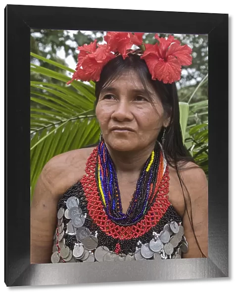 Panama, Chagres River, Embera Village, Embara woman in traditional dress