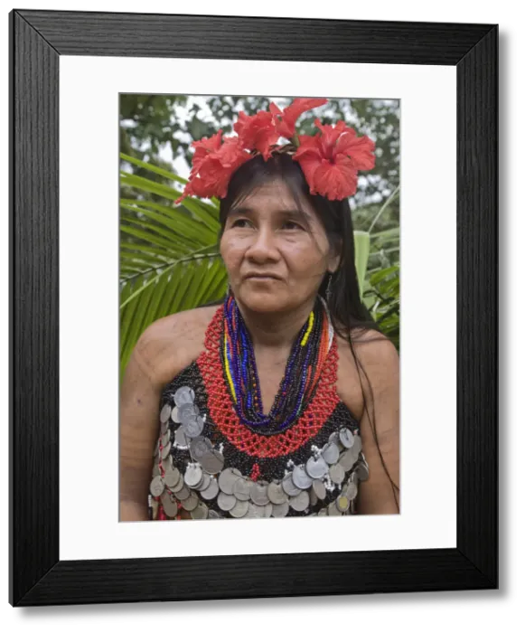 Framed Print : Panama, Chagres River, Embera Village, Embara woman in traditional dress Framed Print : Panama, Chagres River, Embera Village, Embara woman in traditional dress