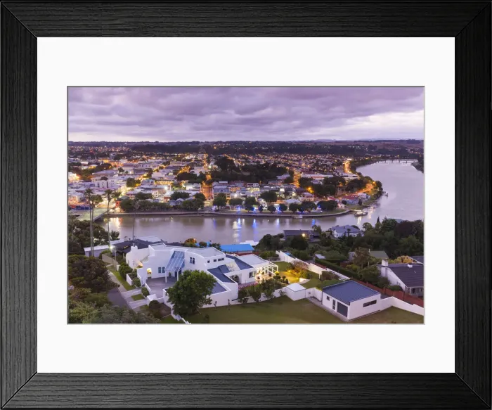 Framed Print : New Zealand, North Island, Wanganui, city skyline from Durie Hill, dusk Framed Print : New Zealand, North Island, Wanganui, city skyline from Durie Hill, dusk