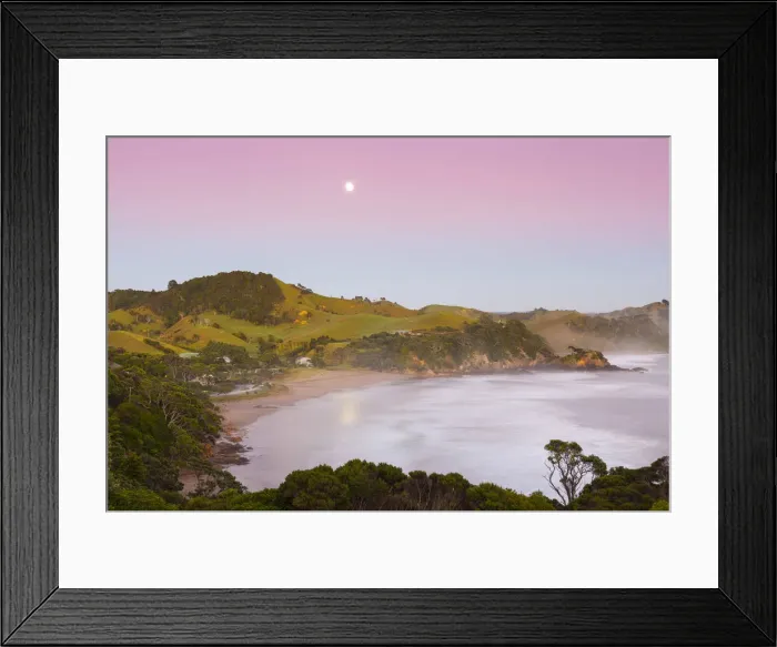 Framed Print : Elevated View Over Sandy Bay illuminated at dawn, Tutukaka Coast, Northland, North Island Framed Print : Elevated View Over Sandy Bay illuminated at dawn, Tutukaka Coast, Northland, North Island