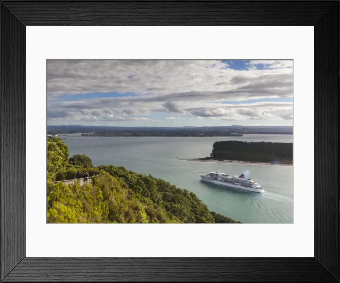 Framed Print : New Zealand, North Island, Mt. Manganui, elevated view of cruiseship and Tauranga Harbor Framed Print : New Zealand, North Island, Mt. Manganui, elevated view of cruiseship and Tauranga Harbor