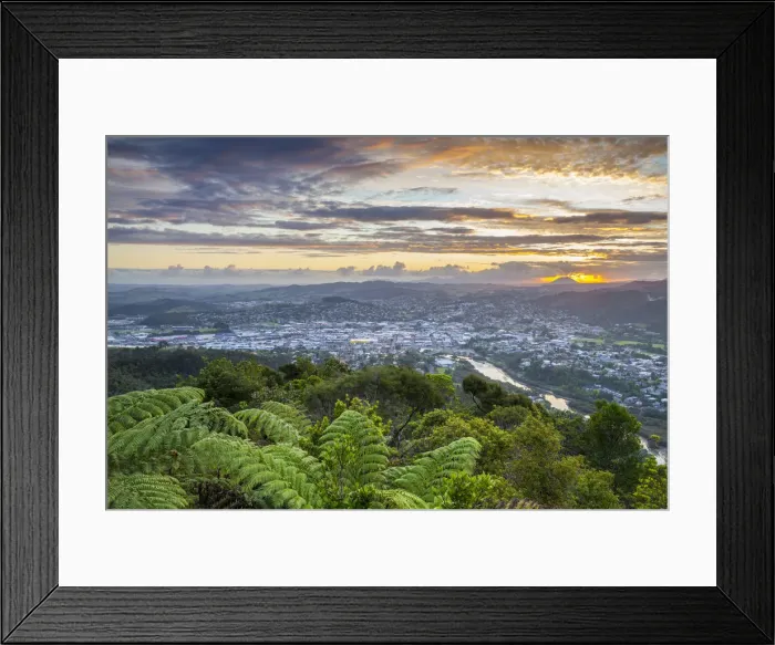 Framed Print : Elevated view over Whangarei Central Business District at sunset, Whangarei, Northland, North Island, New Framed Print : Elevated view over Whangarei Central Business District at sunset, Whangarei, Northland, North Island, New