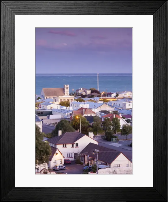 Framed Print : New Zealand, South Island, Otago, Oamaru, elevated town view, dusk
