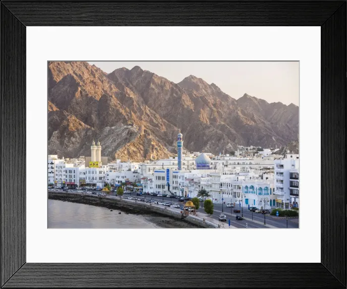 Framed Print : Middle East, Oman, Muscat, Mutrah, elevated view along the Corniche, latticed houses