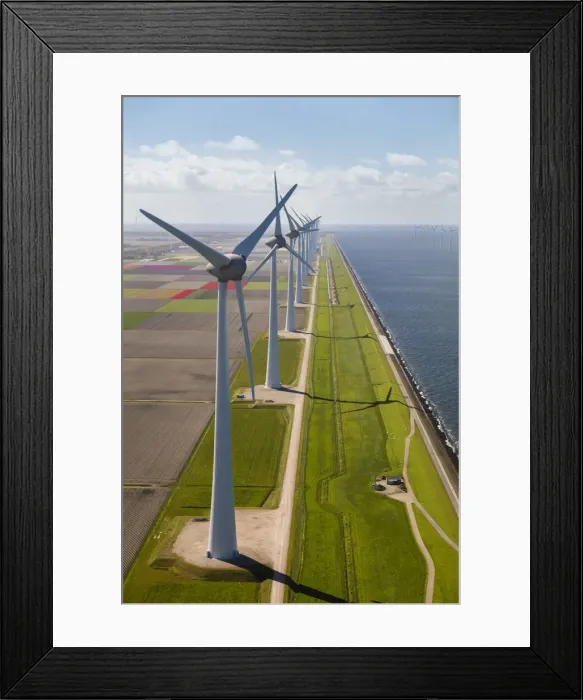 Framed Print : Aerial view of wind turbines on land and at sea, North Holland, Netherlands Framed Print : Aerial view of wind turbines on land and at sea, North Holland, Netherlands