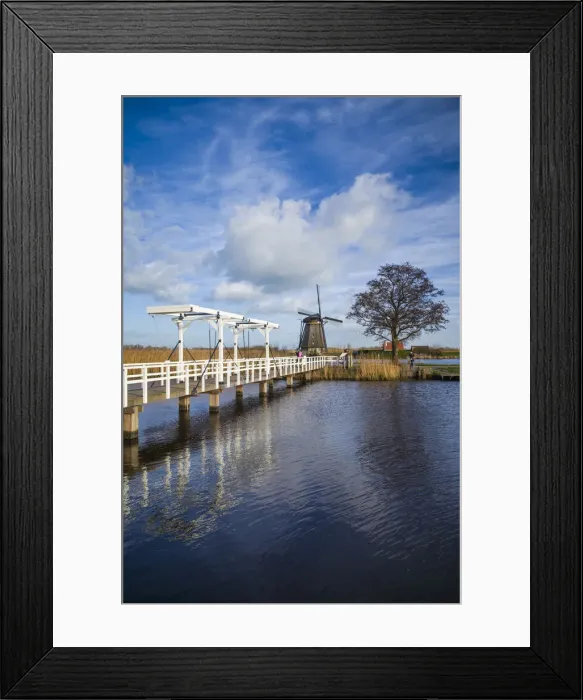 Framed Print : Netherlands, Kinderdijk, Traditional Dutch windmills and bridge Framed Print : Netherlands, Kinderdijk, Traditional Dutch windmills and bridge