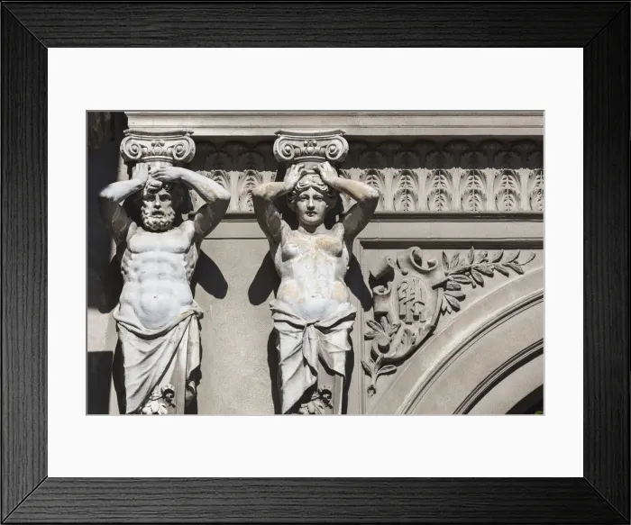 Framed Print : Romania, Bucharest, Lipscani Old Town, building detail, statues Framed Print : Romania, Bucharest, Lipscani Old Town, building detail, statues