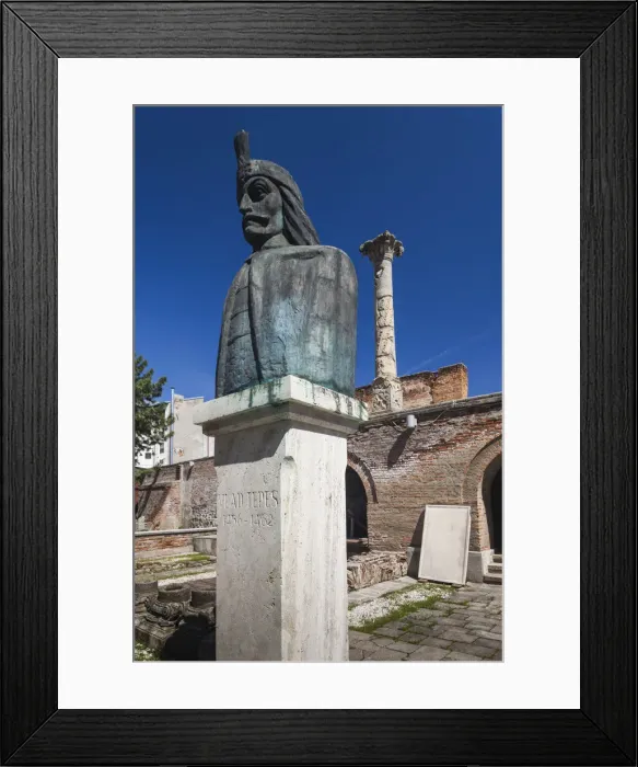 Framed Print : Romania, Bucharest, Lipscani Old Town, Old Princely Court, statue of Vlad Tepes, Vlad