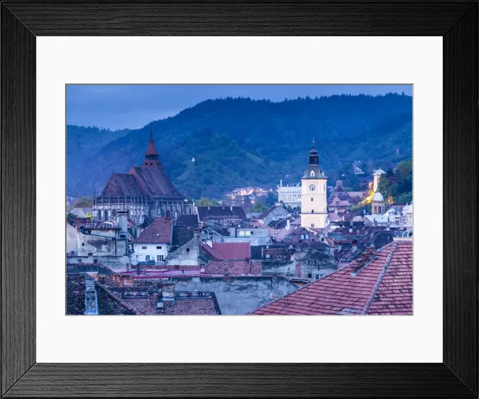 Framed Print : Romania, Transylvania, Brasov, elevated city view with Black Church and Town Hall tower Framed Print : Romania, Transylvania, Brasov, elevated city view with Black Church and Town Hall tower