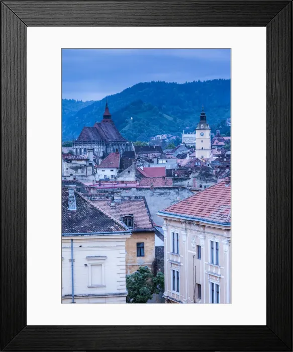 Framed Print : Romania, Transylvania, Brasov, elevated city view with Black Church and Town Hall tower Framed Print : Romania, Transylvania, Brasov, elevated city view with Black Church and Town Hall tower