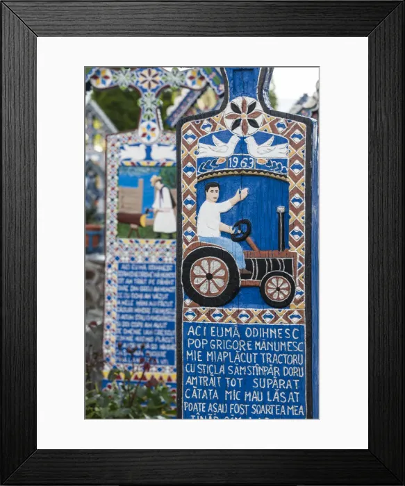 Framed Print : Romania, Maramures Region, Sapanta, The Merry Cemetery with handcarved gravestones Framed Print : Romania, Maramures Region, Sapanta, The Merry Cemetery with handcarved gravestones