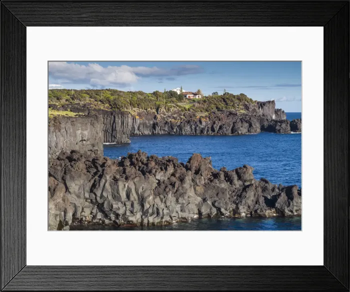 Framed Print : Portugal, Azores, Sao Jorge Island, Cais da Urzelina, volcanic rock coastline