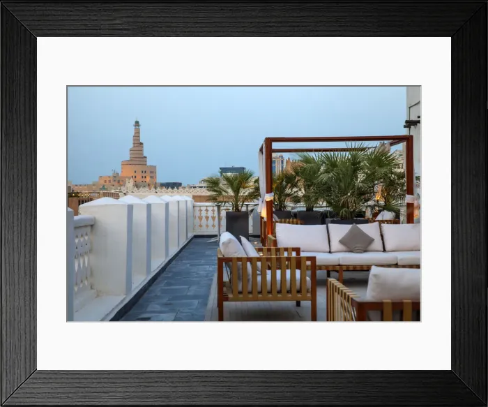 Framed Print : Qatar, Doha, Rooftop terrace of boutiqe hotel at Souq Waqif with Fanar Qatar Islamic Framed Print : Qatar, Doha, Rooftop terrace of boutiqe hotel at Souq Waqif with Fanar Qatar Islamic