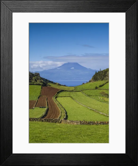 Framed Print : Portugal, Azores, Sao Jorge Island, Rosais of fields and the Pico Volcano Framed Print : Portugal, Azores, Sao Jorge Island, Rosais of fields and the Pico Volcano
