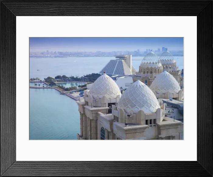 Framed Print : Qatar, Doha, West Bay, View of Fours Seasons Hotel with Sheraton Doha Resort & Framed Print : Qatar, Doha, West Bay, View of Fours Seasons Hotel with Sheraton Doha Resort &