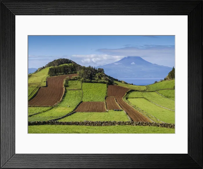 Framed Print : Portugal, Azores, Sao Jorge Island, Rosais of fields and the Pico Volcano