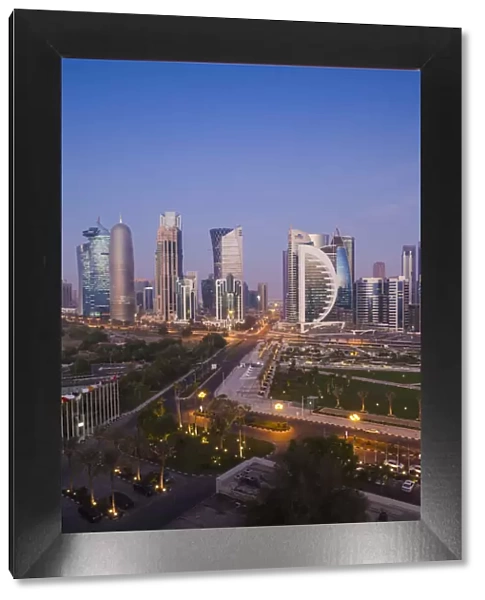 Qatar, Doha, Doha Bay, West Bay Skyscrapers, elevated view, dawn