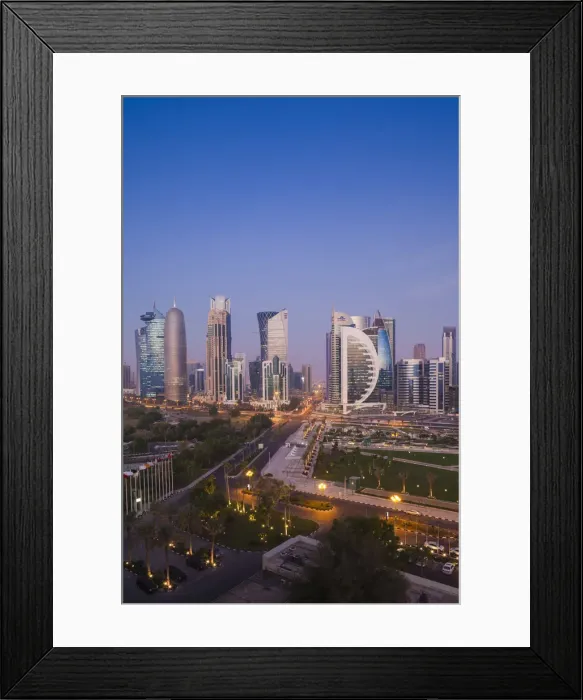 Framed Print : Qatar, Doha, Doha Bay, West Bay Skyscrapers, elevated view, dawn Framed Print : Qatar, Doha, Doha Bay, West Bay Skyscrapers, elevated view, dawn