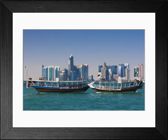 Framed Print : Qatar, Doha, Dhows on Doha Bay with West Bay skyscrapers Framed Print : Qatar, Doha, Dhows on Doha Bay with West Bay skyscrapers