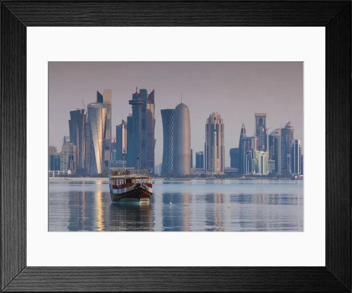 Framed Print : Qatar, Doha, Dhows on Doha Bay with West Bay skyscrapers, dawn Framed Print : Qatar, Doha, Dhows on Doha Bay with West Bay skyscrapers, dawn