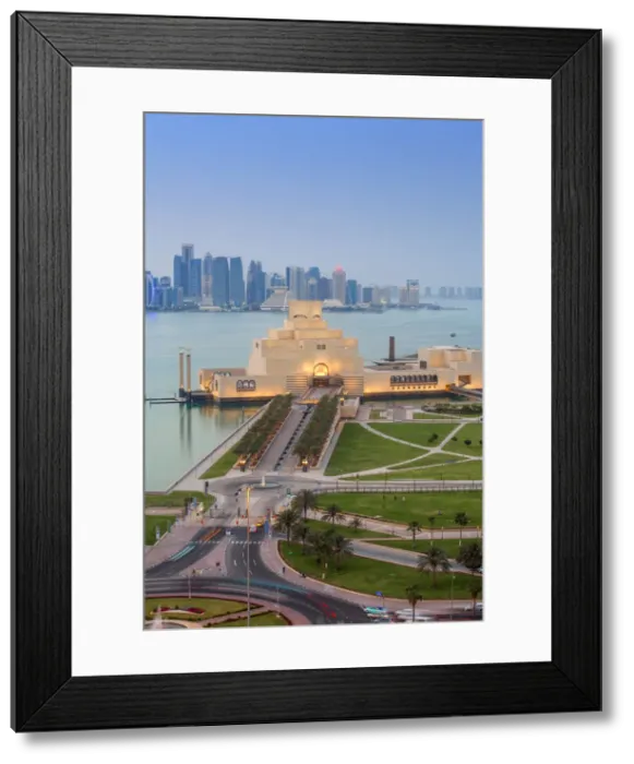Framed Print : Qatar, Doha, Traffic at roundabout infont of the Museum of Islamic Art at night