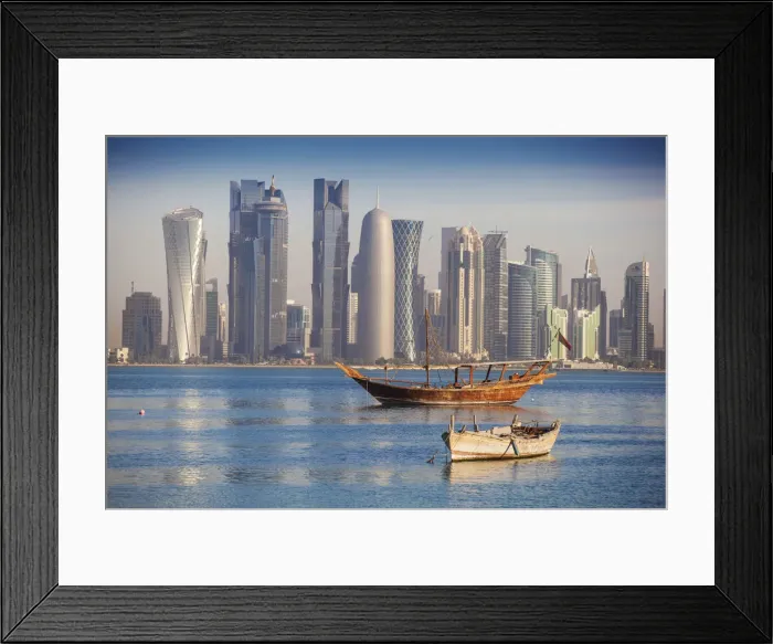 Framed Print : Qatar, Doha, looking across Doha Bay to skyscrapers of West Bay Framed Print : Qatar, Doha, looking across Doha Bay to skyscrapers of West Bay