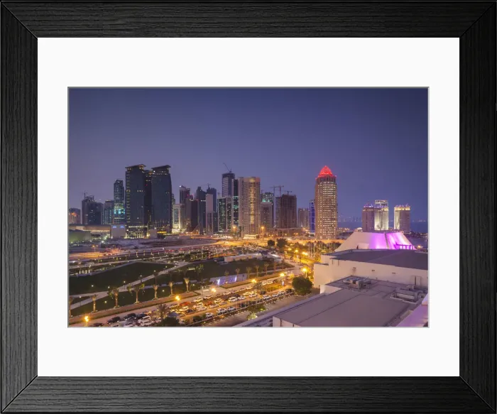 Framed Print : Qatar, Doha, Doha Bay, West Bay Skyscrapers, elevated view, dusk Framed Print : Qatar, Doha, Doha Bay, West Bay Skyscrapers, elevated view, dusk